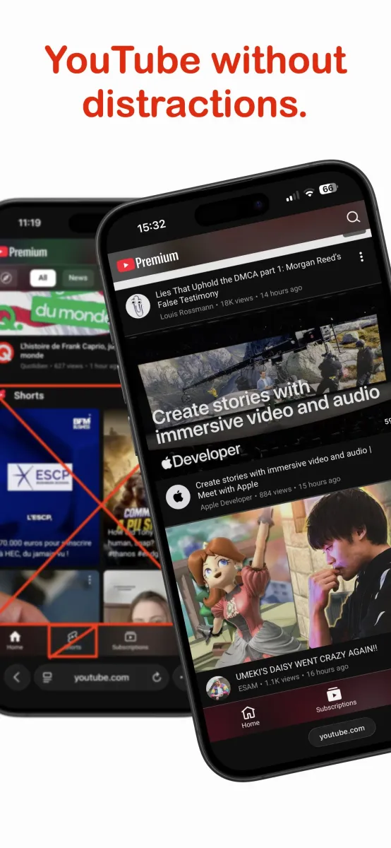 YouTube in Safari on iPhone before and after No Shorts removes Shorts distractions