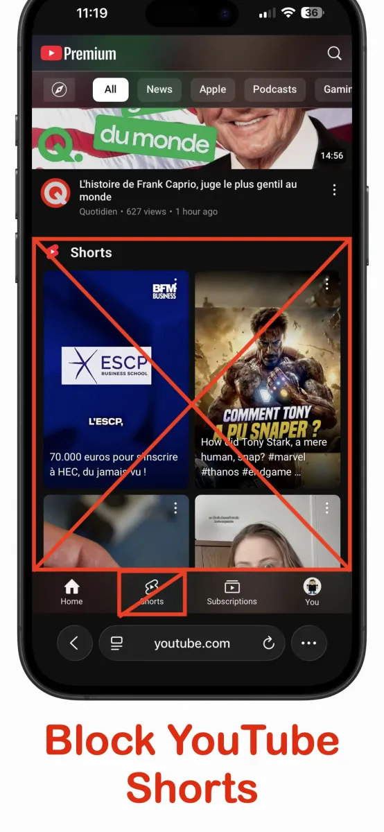 YouTube home page in Safari highlighting the Shorts shelf and tab blocked by No Shorts