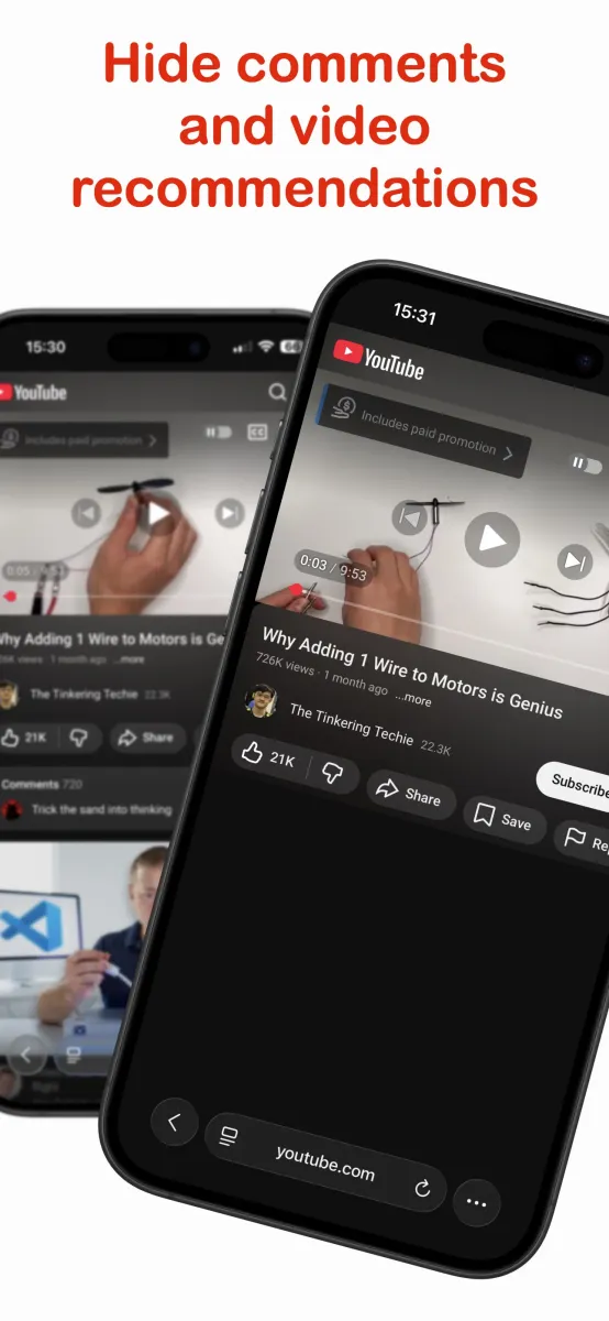 YouTube video page in Safari with comments and video recommendations hidden by No Shorts