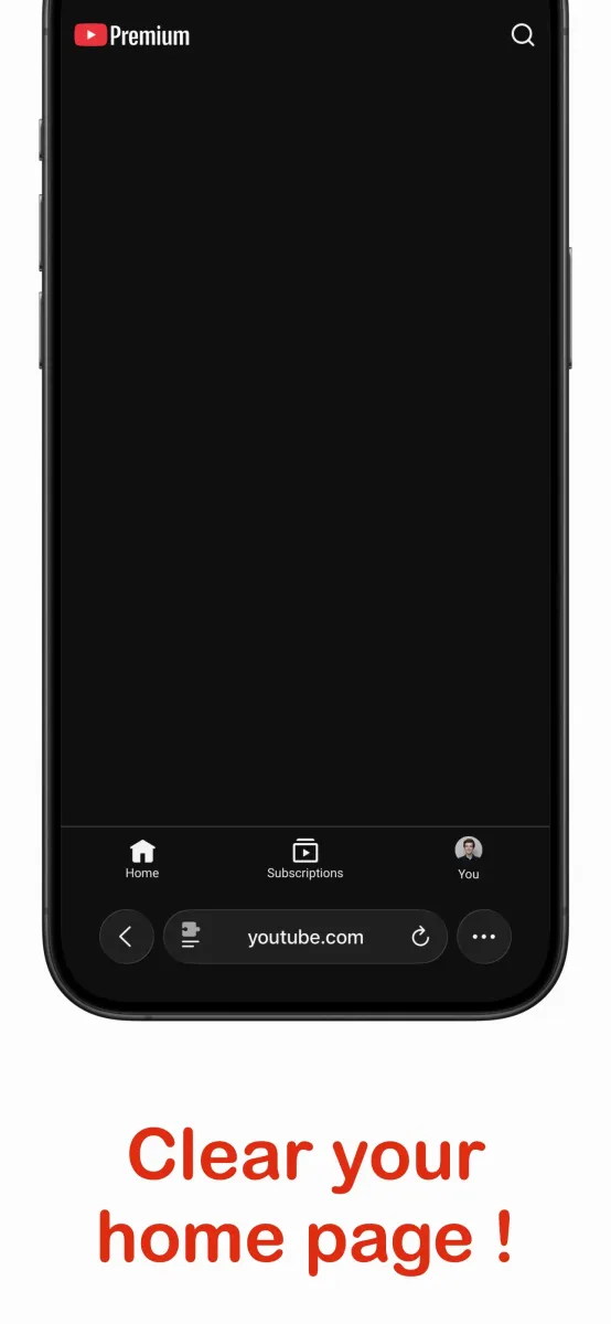 Minimal YouTube home page in Safari after No Shorts clears recommendations