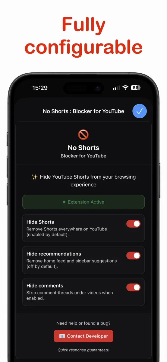 No Shorts settings on iPhone with controls for Shorts, recommendations, and comments